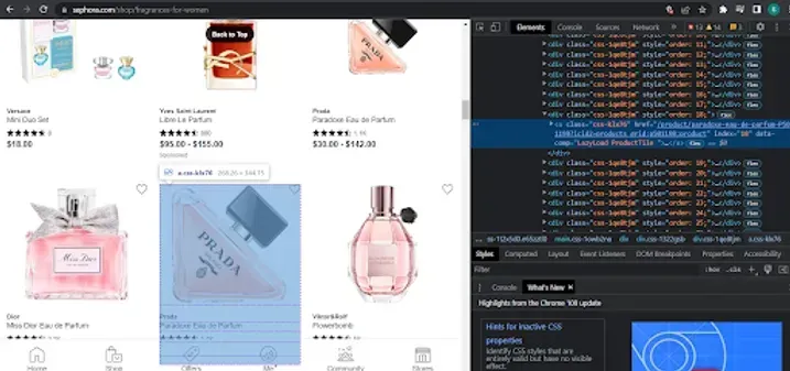 For products with lazy loading, the class name is different from above. For them, it is 'css-1qe8tjm'. The rest is the same.