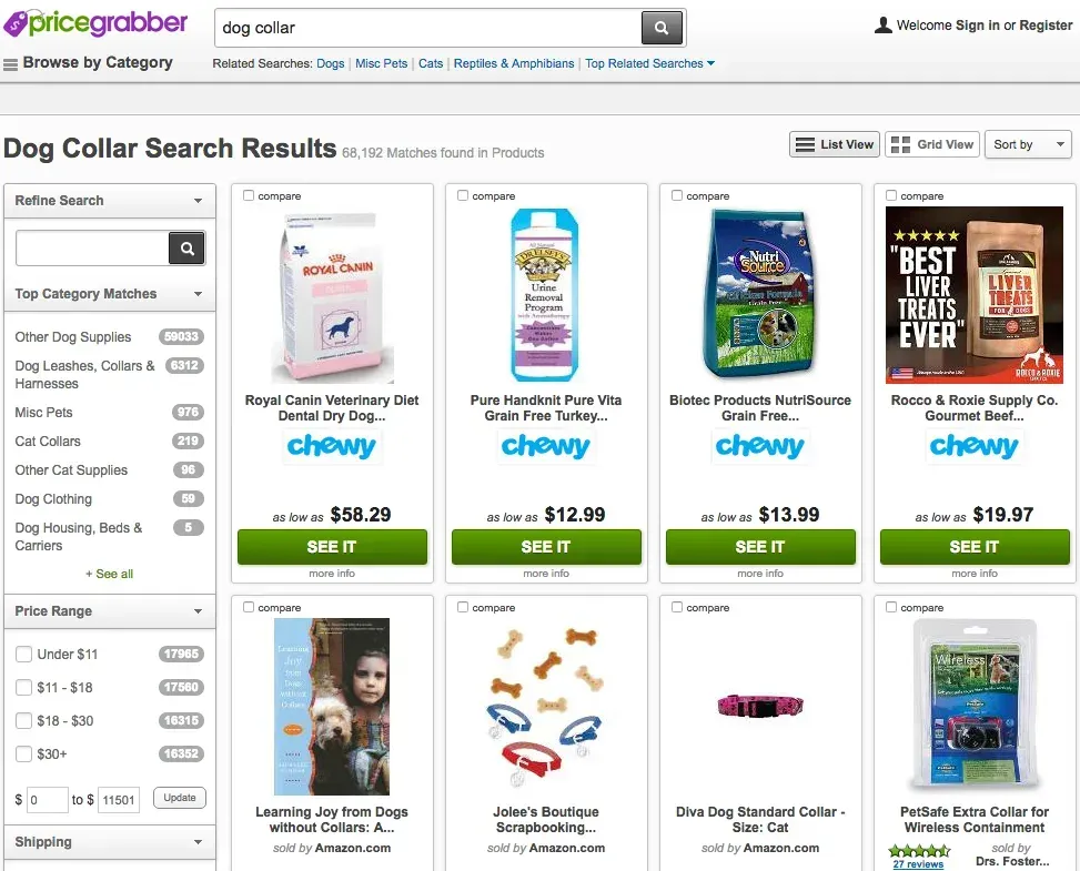 Here is an example of a price comparison website listing products via product feeds: