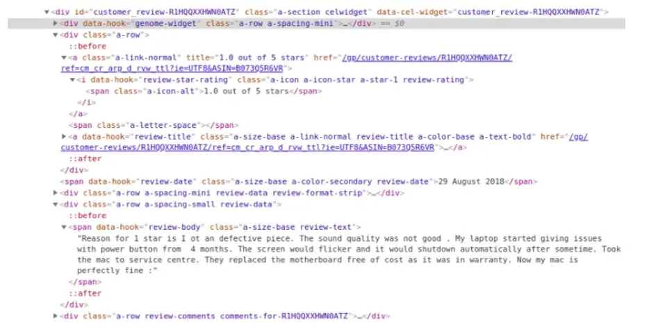 On the reviews page, there is a division with id cm_cr-review_list. This division multiple sub-division within which the...